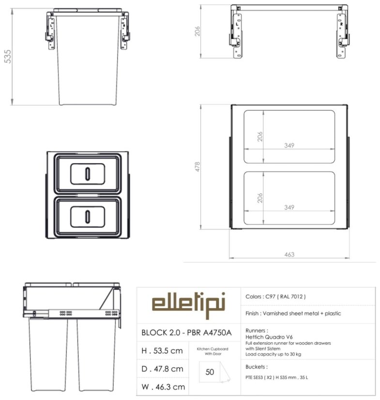Elletipi Block 2.0 výsuvný odpadkový koš 35+35 l