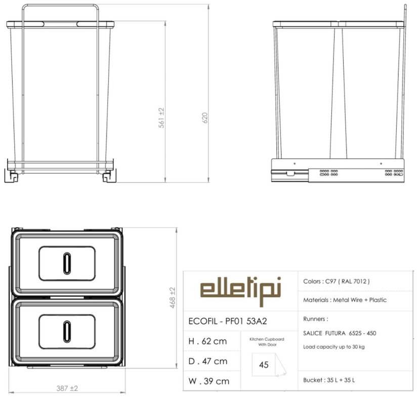 Vestavný odpadkový koš Elletipi Ecofil výsuvný 35+35 l