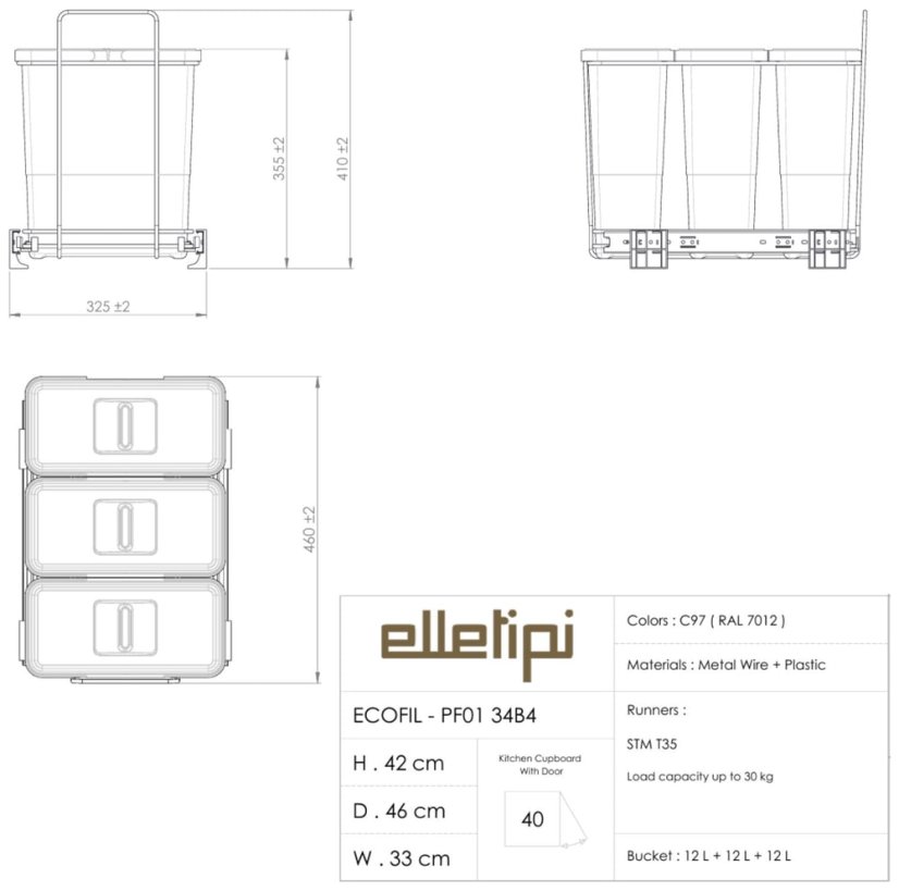 Vestavný odpadkový koš Elletipi Ecofil výsuvný 12+12+12 L - 5
